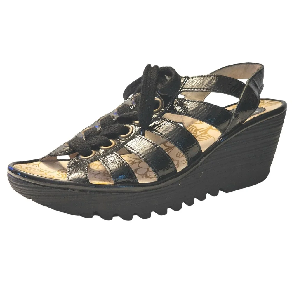 Fly London Yito Black Patent Leather Lace Up Wedge Sandals P500450015 Size 42
